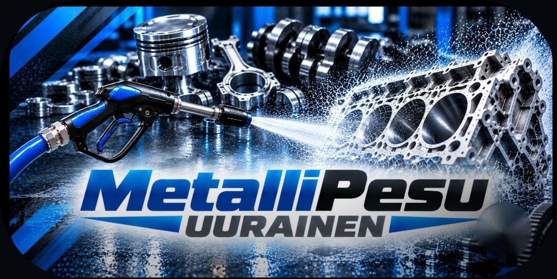 MetalliPesu Uurainen. Painepesurin suutin puhdistaa sylinterikantta, taustalla mäntä, kampiakseli ja moottorin osia.